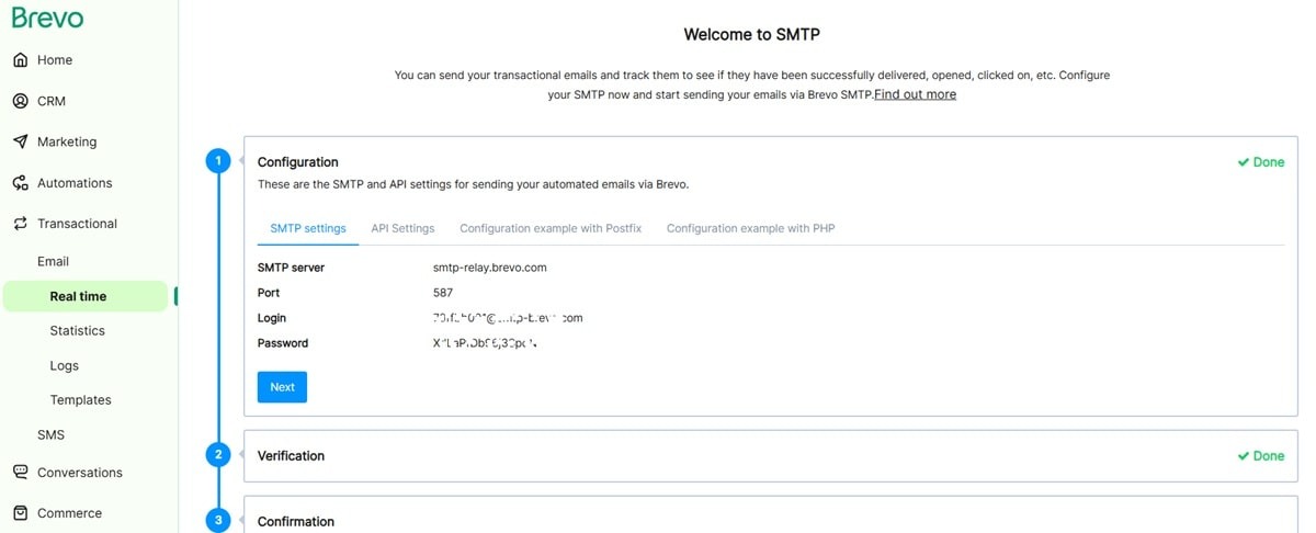 Brevo transactional email service dashboard interface showing email analytics, campaign performance metrics, and integration options for businesses